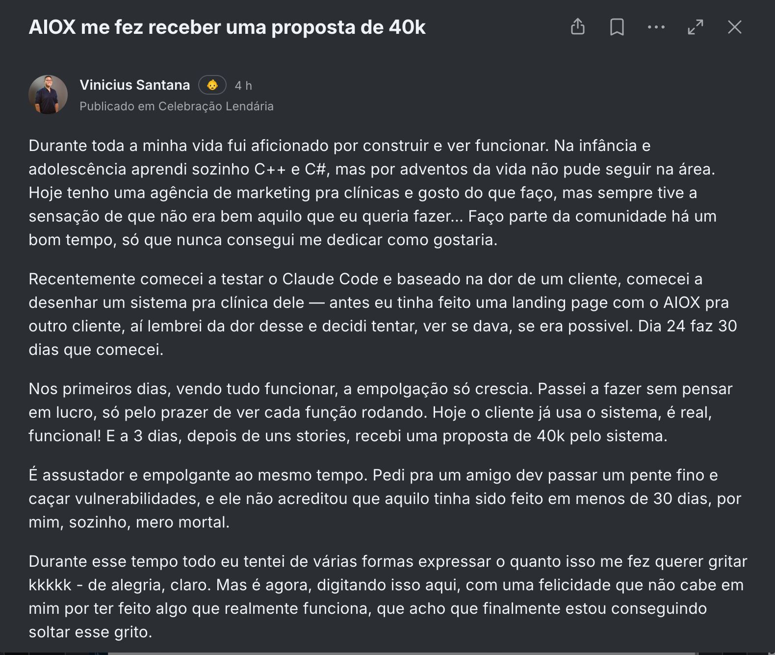 Print do depoimento de Vinicius Santana