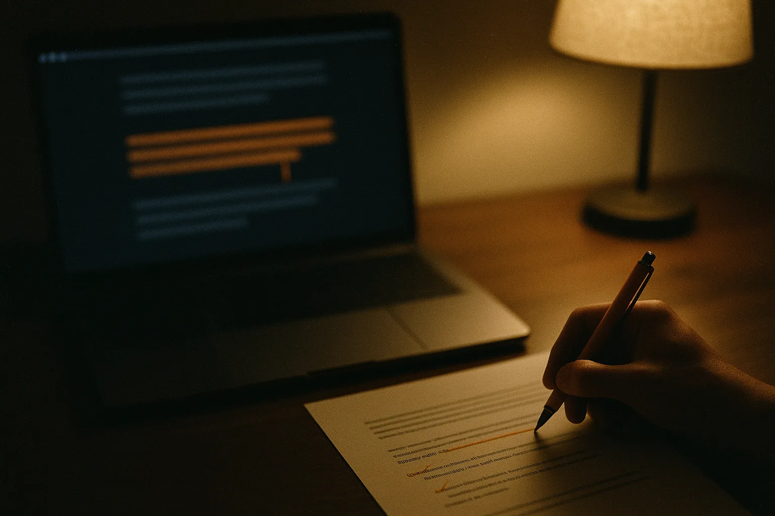 Notebook com um documento em tela e uma mão anotando a página impressa ao lado
