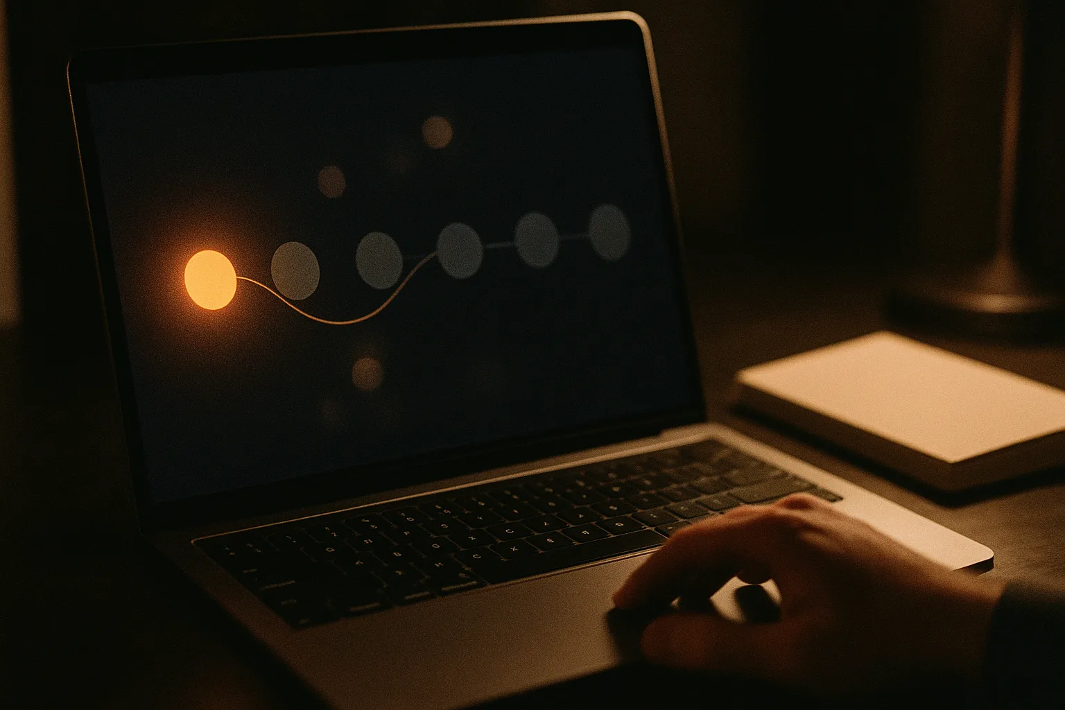 Notebook mostrando seis pontos ligados por uma linha, o primeiro aceso